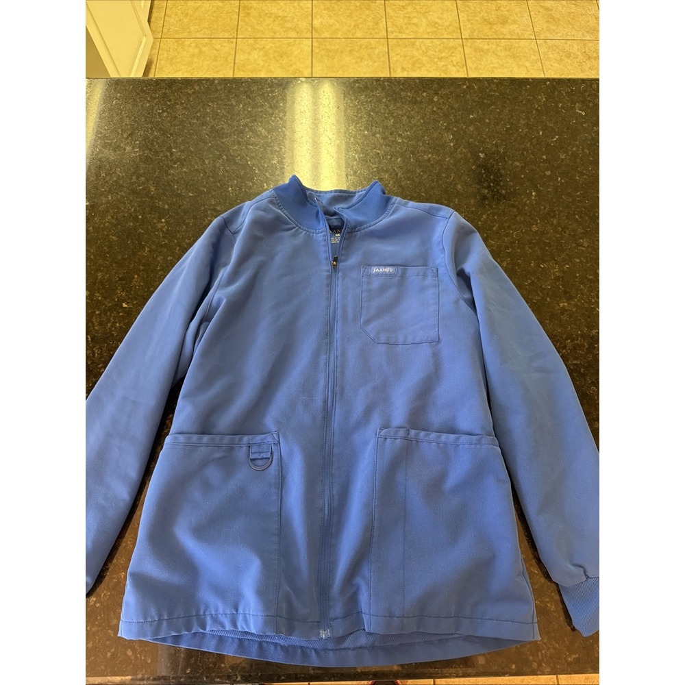 Jaanuu Scrub Jacket Sz XS Blue Full Zip Front Pockets Lined Long Sleeve Hospital